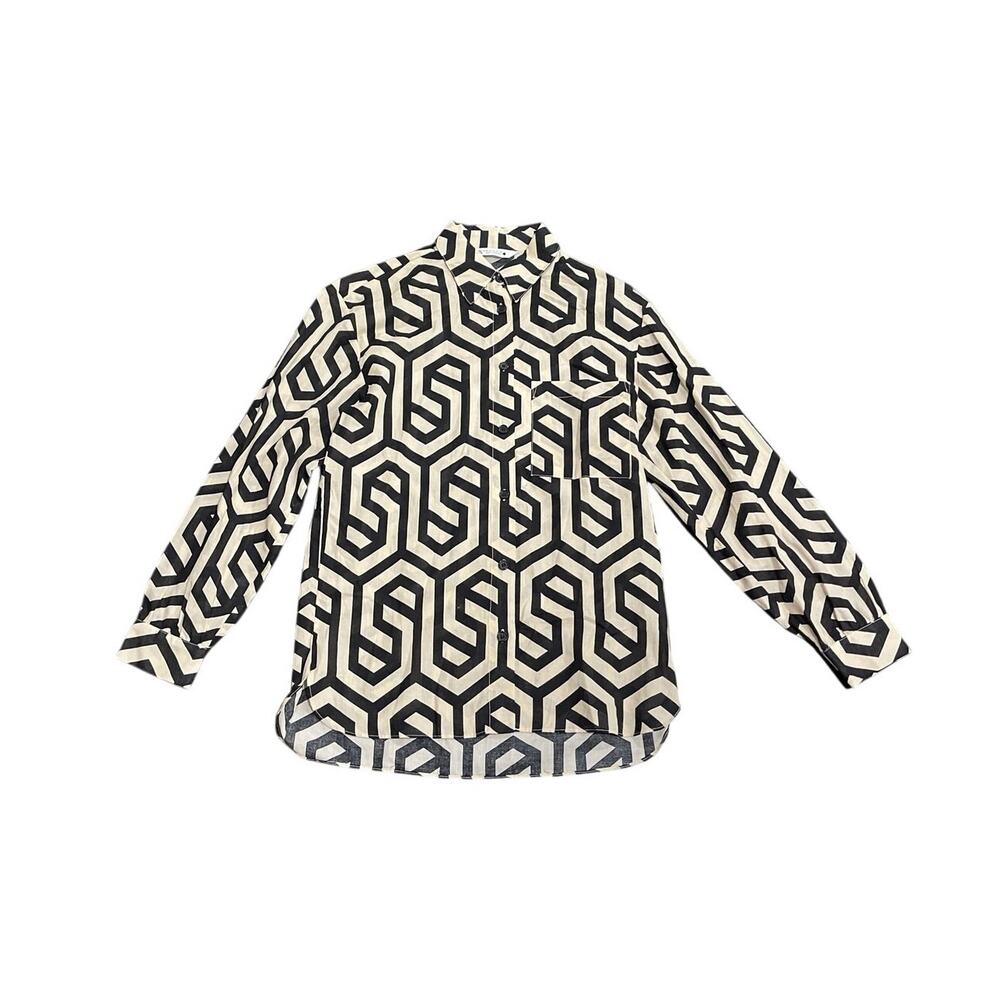 Zara Long Sleeve Button Down Geometric Pattern Pocket Shirt XS Boho Artsy Chic